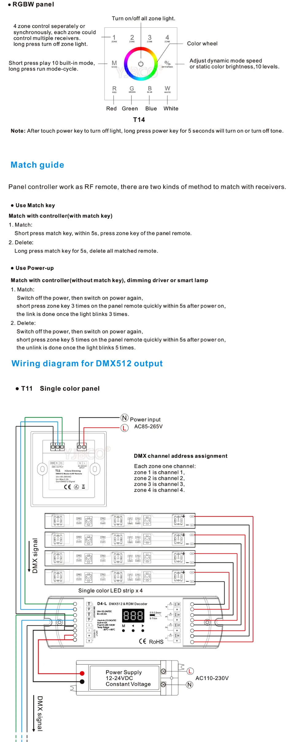 T11/T12/T13/T14 сенсорный Панель 4 зоны RGB DMX512 мастер & RF пульт дистанционного управления для одного цвета/цветовая температура/RGB/RGBW Светодиодная