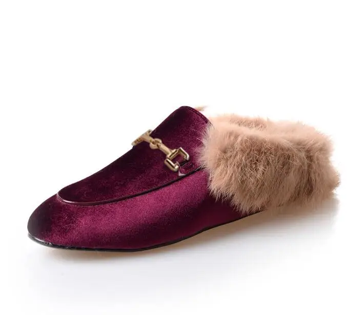 Г., классические шлепанцы для улицы с кроличьим мехом, модные зимние тапочки на плоской подошве с металлической отделкой теплая обувь ручной работы - Цвет: Фиолетовый