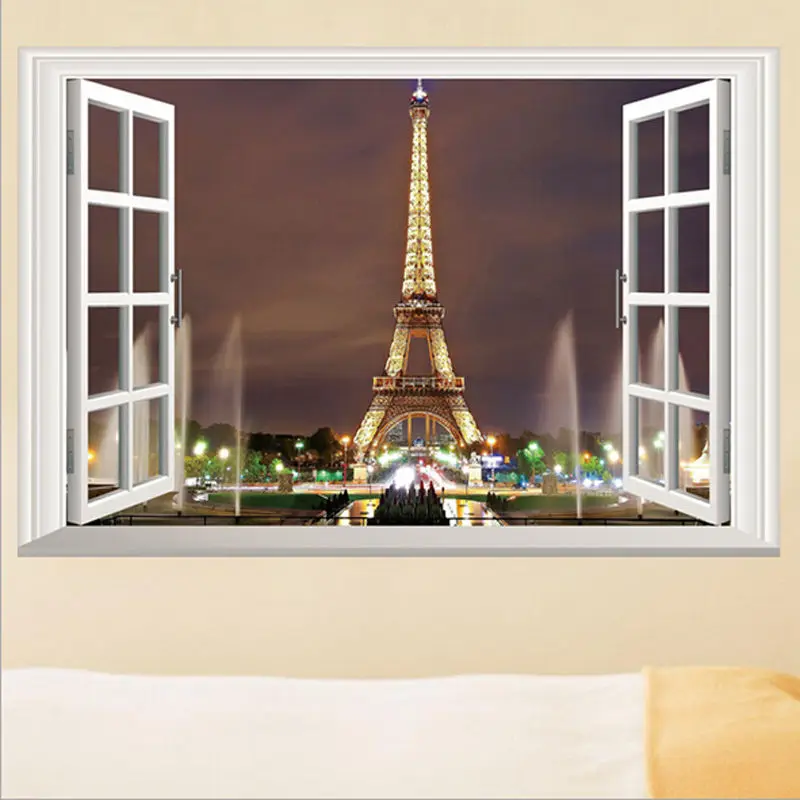 3D наклейки на стену с изображением окна Парижа Эйфелевой башни художественная виниловая наклейка DIY Фреска домашний декор - Цвет: Многоцветный