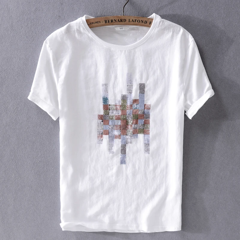 

2019 Mens new linen short-sleeved t-shirt summer white beach cool stitching t shirt men brand casual tshirt male camiseta camisa