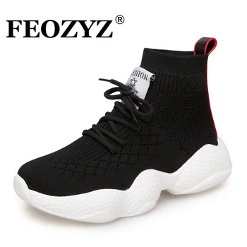 

FEOZYZ New High Top Running Shoes Women Knit Upper Breathable Womens Sneakers Spring Summer Sock Boots Black White