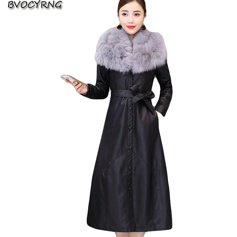 

new high quality large fur collar long leather coat female winter fashion plus size waist tie thick warm pu leather jacket women