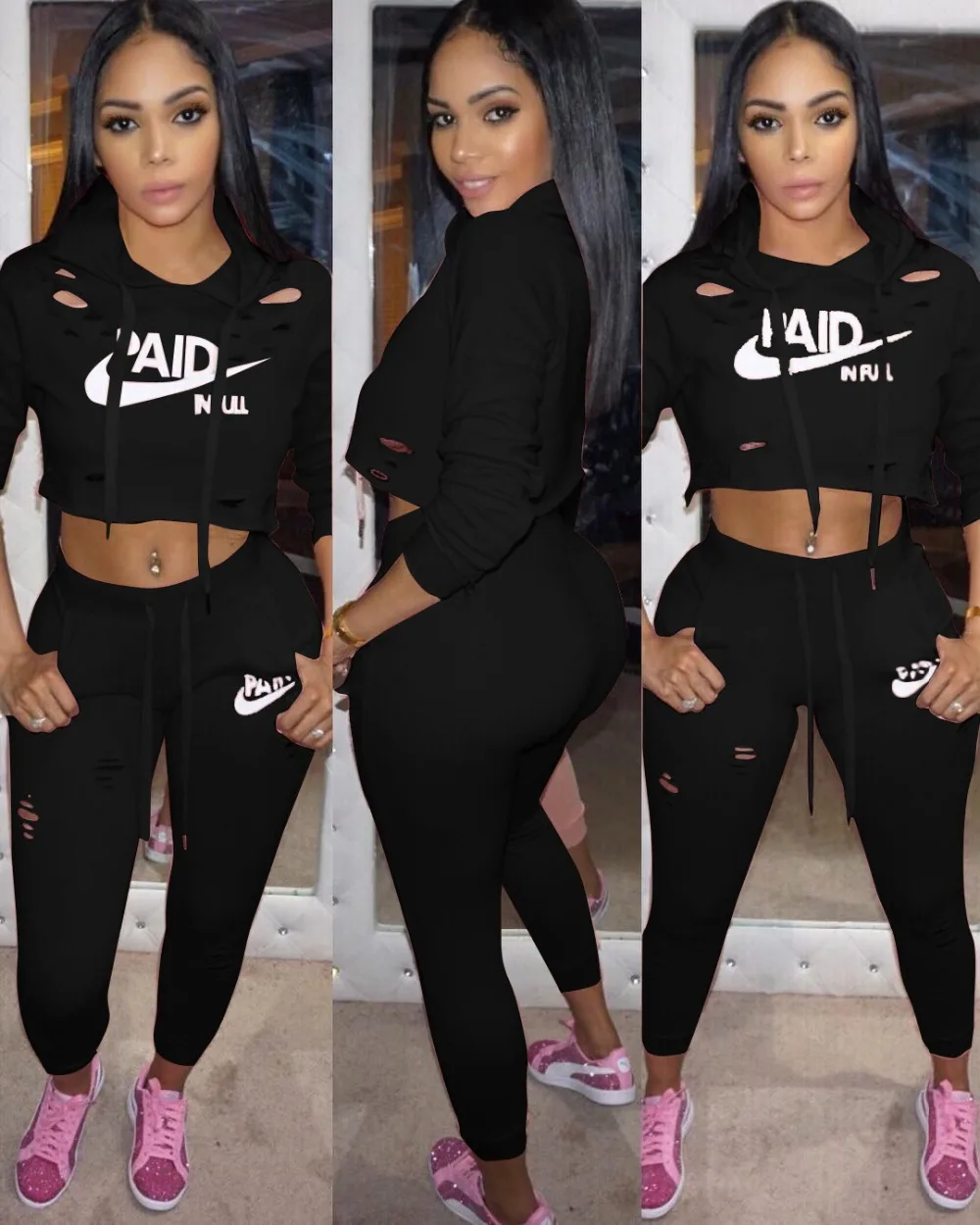 

AHVIT Hole Fashion Women Two Piece Set Long Sleeve Hooded Crop Top And Bodycon Pencil Pants White Letter Print Sweatsuit LS6079