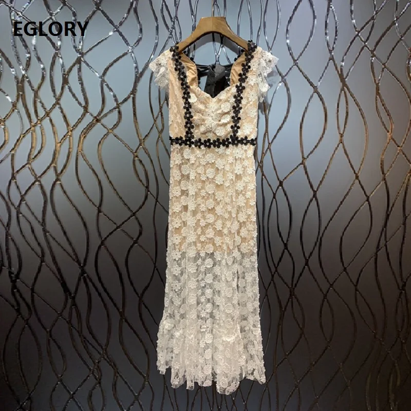 

2019 Summer Fashion Party Mermaid Dress High Quality Women Sexy Back Bow Allover Tulle Lace Embroidery Bodycon Sheath Dress