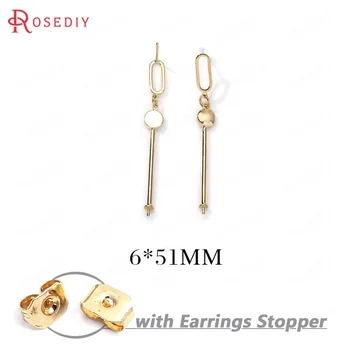 

(34702)6PCS 6*51MM 24K Gold Color Brass with Half Pin Long Style Stud Earrings Pins High Quality Jewelry Findings Accessories