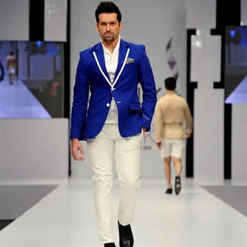 

Peaked Lapel Royal blue Men Suit With Ivory Pants 2017 Fashion 2 Pieces Wedding for men Mens Tuxedos Suits (Jacket+Pants+Tie)