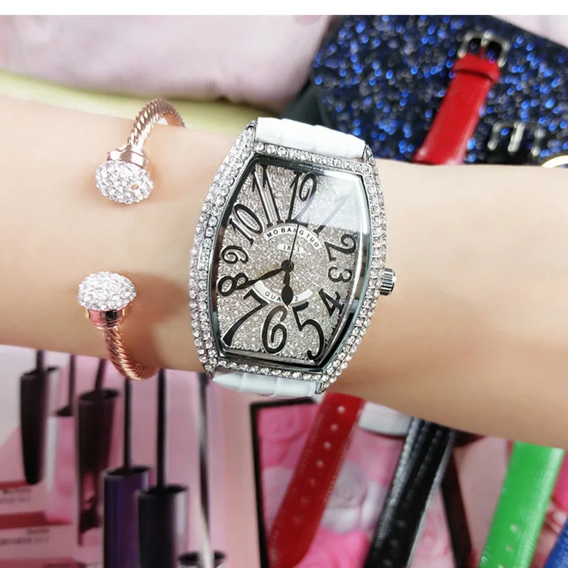 

Full Rhinestone Female Watch Square Leather Watch Fashion & Casual Multicolor Digital Silver Shell Wine Barrel Ladies Watch
