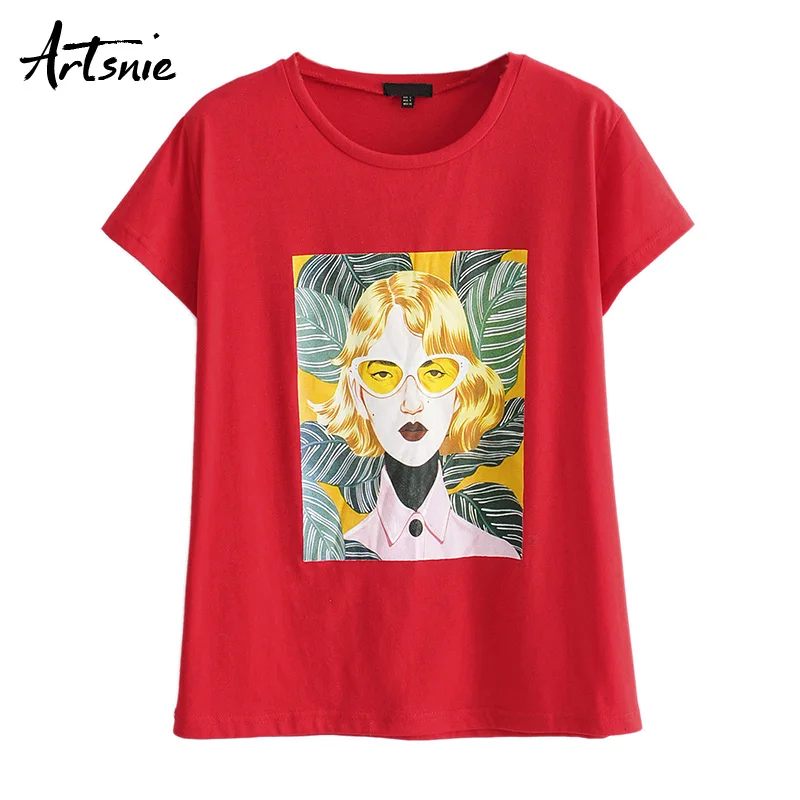 

Artsnie summer 2019 character red women t shirt o neck short sleeve knitted tops tee streetwear casual girls t-shirts female