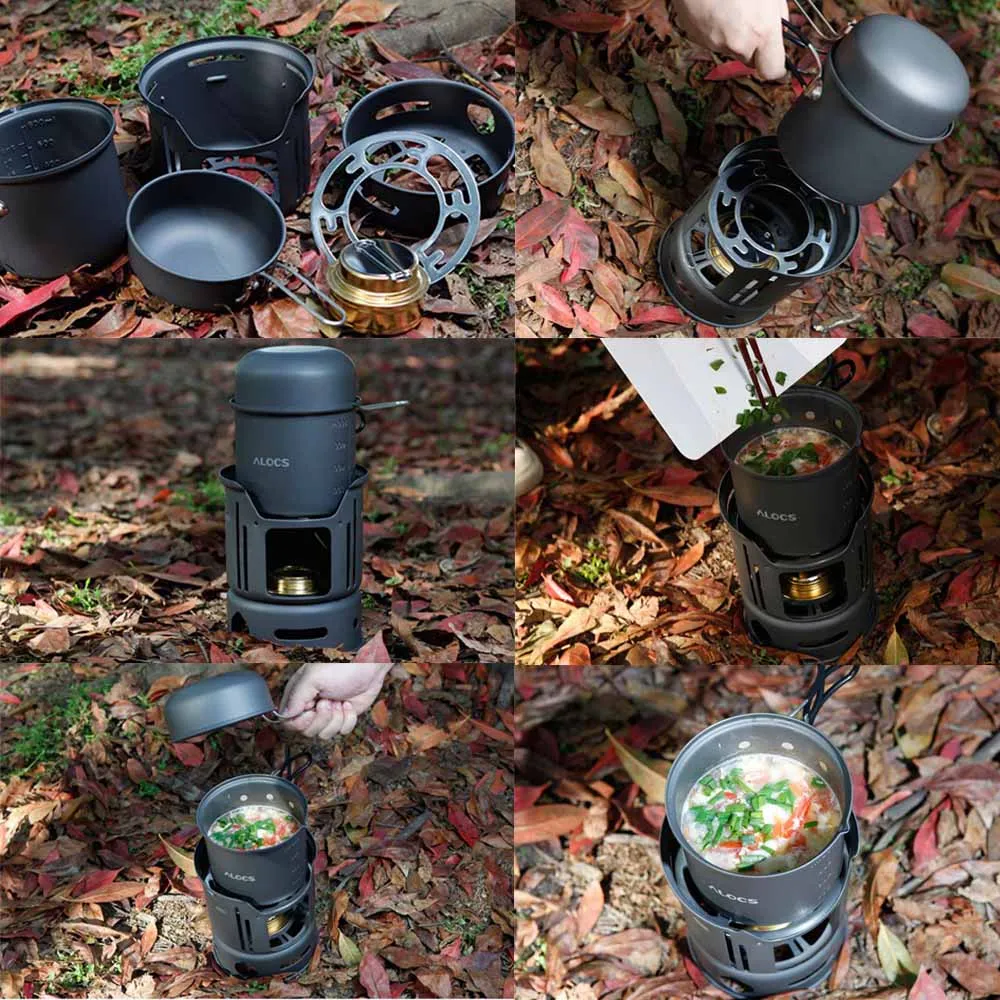 ALOCS CW-C01 7 piezas de Camping al aire libre juego de cocina estufa portátil Camping utensilios de cocina ollas de cocina estufa de Picnic barbacoa de 1-2Person
