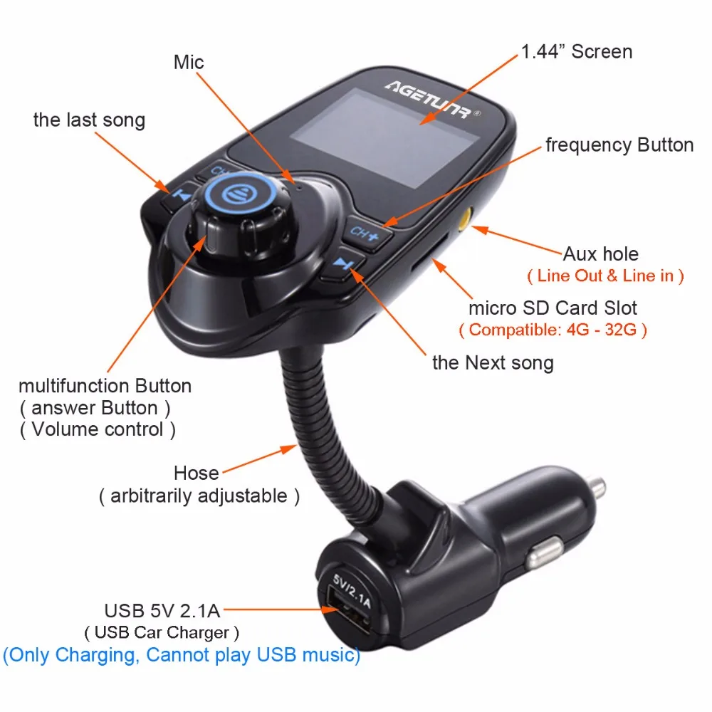 Автомобильный комплект громкой связи AGETUNR Bluetooth AUX FM передатчик MP3 музыкальный