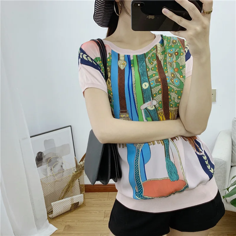 

Silk T-shirt 2019 new summer ladies even royal saddle shoulder sleeve printed silk t-shirts with short sleeves jacket female