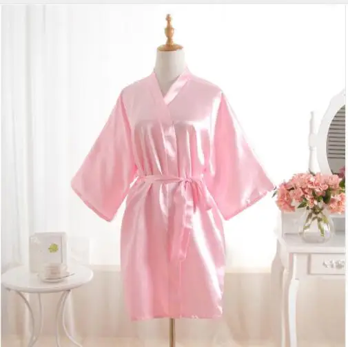 Женская ночная рубашка в комплекте с купальным халатом, шелковый халат атласный, сексуальный женский короткий атласный свадебное кимоно, халаты, ночная рубашка, платье J-White - Цвет: Pink