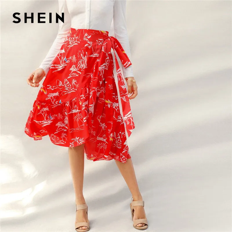 

SHEIN Bright Red Tie Side Flounce Hem Wrap Asymmetrical Midi Skirt Women Summer Casual Belted Boho Vacation High Waist Skirts