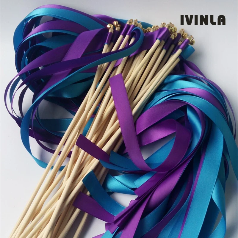

The Newest 50pcs/lot purple & blue stain ribbon wedding wands With gold Bells for wedding decoration