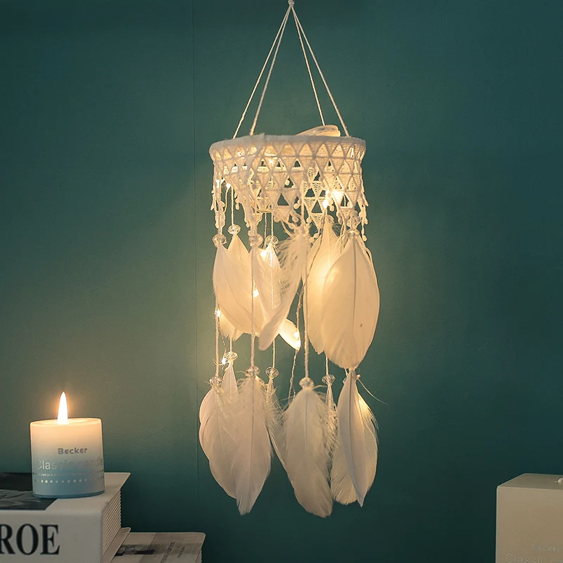 

Led light Handmade Dream Catcher with Feathers Hanging Decoration Craft Gift White Room Decor adesivos para parede Dreamcatcher