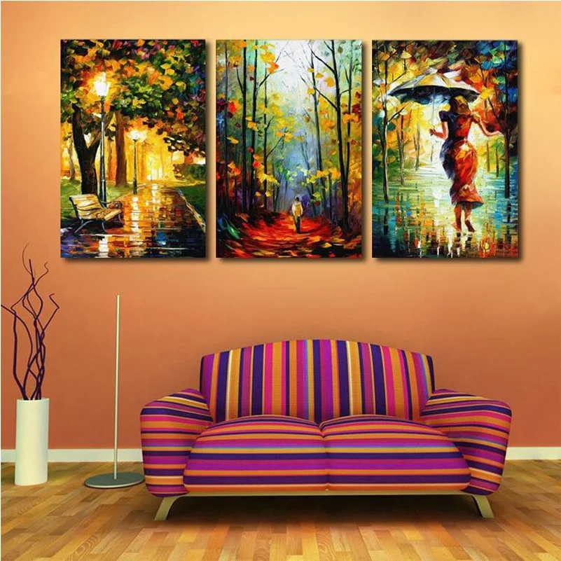 Modern Decor Canvas Painting Abstract Oil 3 Piece Street Light Tree Wall Pictures For Living Room Art Figure Walk Rains | Дом и сад