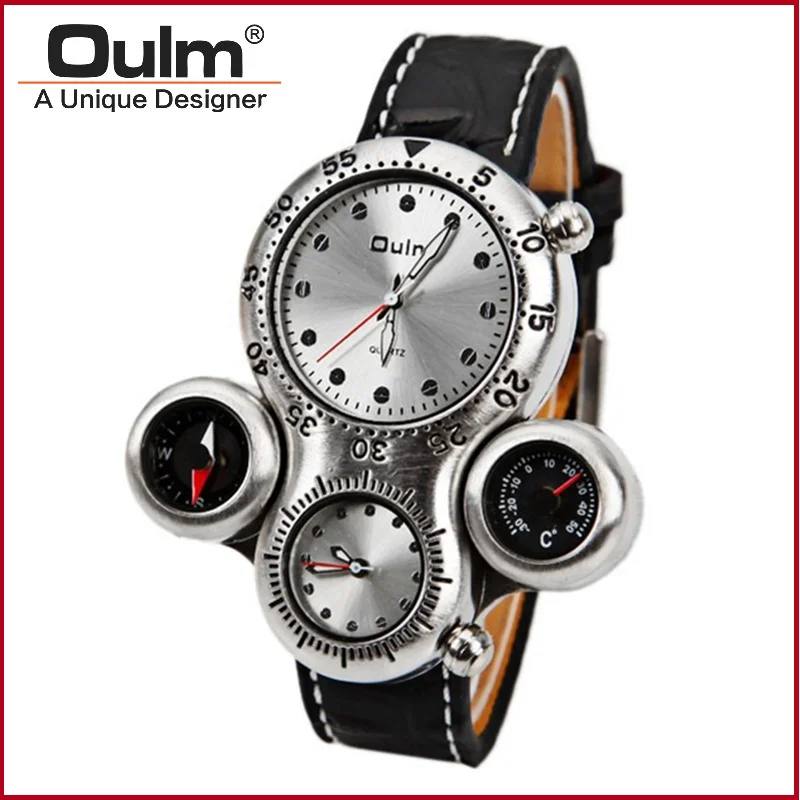  OULM Brand Men's Military Watch with Dual Movement Compass and Thermometer Function Brown Dial Leat