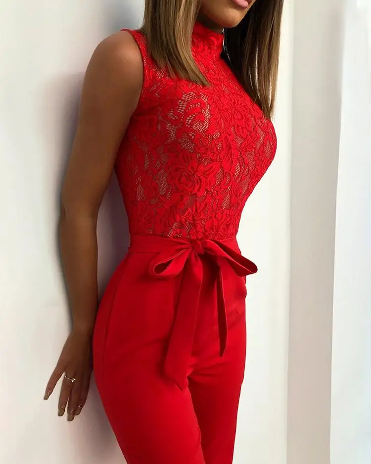 Sleeveless Lace Patchwork Belted Wide Leg Jumpsuit one piece overalls