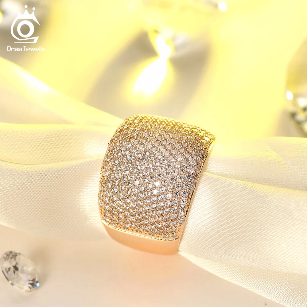 ORSA JEWELS Women Wedding Band With AAA Clear Cubic Zircon Prong Setting 16MM Width Fashion Party Female Jewelry OMR09