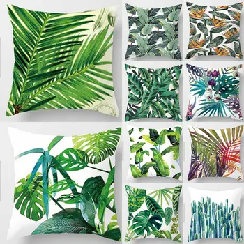 

Tropical Plants Green Leaves Monstera Cushion Covers Hibiscus Flower Cushion Cover Decorative Beige Linen Pillow Case