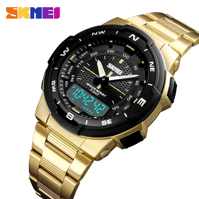 Военные Спортивные часы, мужские Цифровые кварцевые аналоговые часы, мужские часы с двойным дисплеем, стальной ремешок, наручные часы, reloj hombre SKMEI - Цвет: Gold