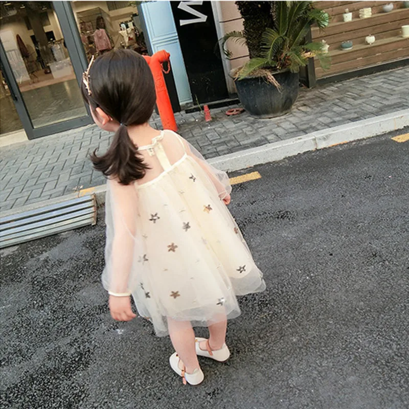 DFXD England Style Baby Lace Princess Dress Long Sleeve Star Print Little Girls Birthday Party Dress Kids Costume Vestido 2-8Y