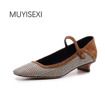 

Mary Jane Shoes Women Shoes High Heel 4cm Square Toe Lattice Cloth+Sheepskin Suede Women Pumps Brown Black GN02 MUYISEXI