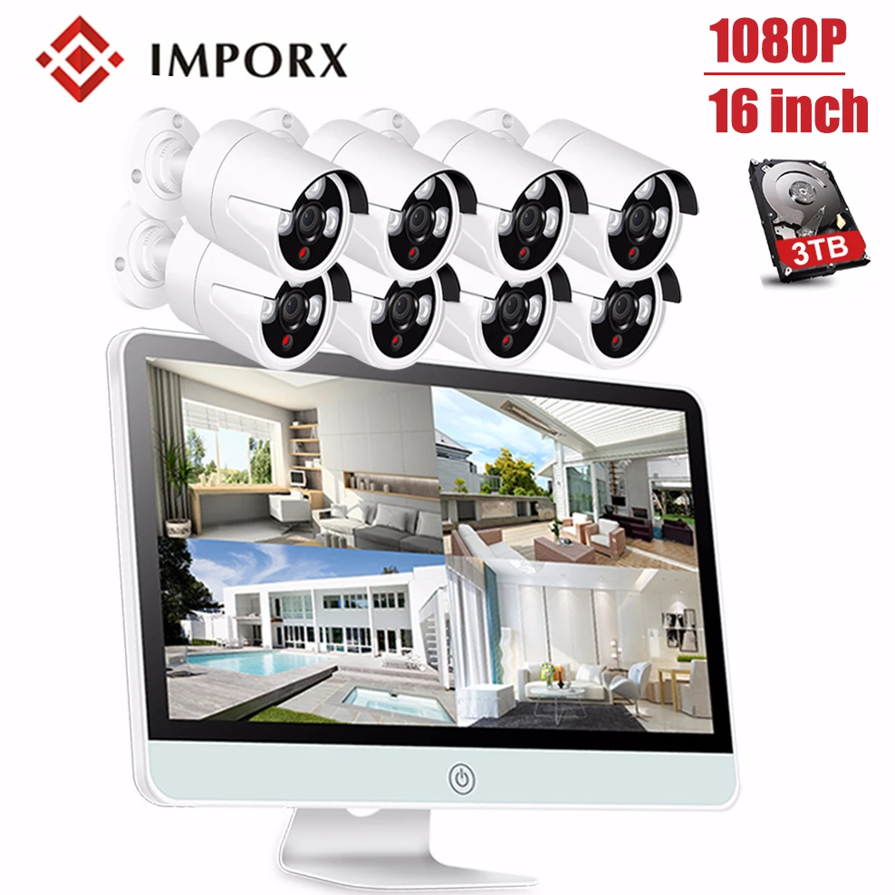 

1080P 8CH Wireless NVR Kit 16"LCD Monitor 8PCS 2MP Wifi IP Camera Outdoor Waterproof CCTV System P2P Security Surveillance Kit