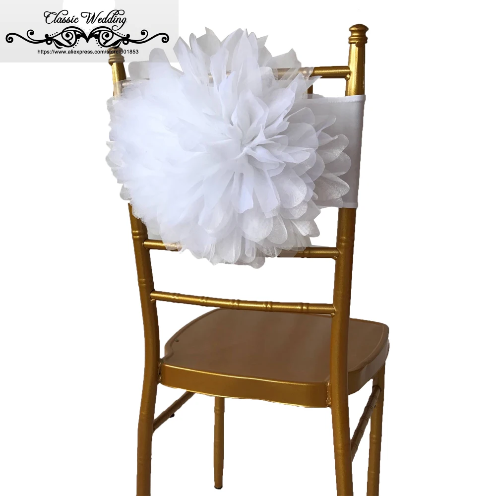 10 PCS Hot Sale White Organza Flower Chair Band Chiavari ...