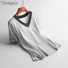 Новые летние простые женские шелковые крутые футболки женские трикотажные футболки с короткими рукавами плюс размер офисные женские однотонные v-образные вырезы