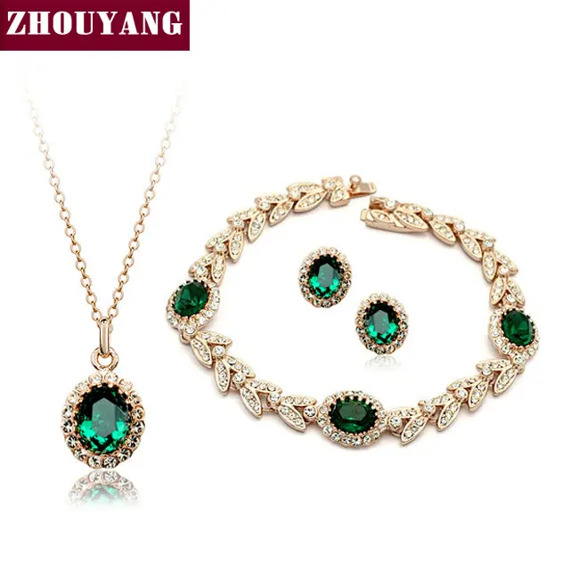 

ZHOUYANG ZYS108 Rose Gold Color Created Green Austrian Crystal Jewelry Set With 3 Pcs Eearrings + Necklace + Bracelet