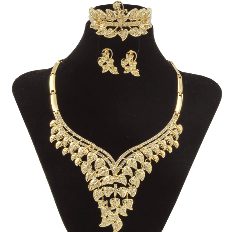 

2018 Liffly New Africa Fashion Women Gold Plating Jewelry Sets Wedding Party Leaves Shape Crystal Jewelry Accessories