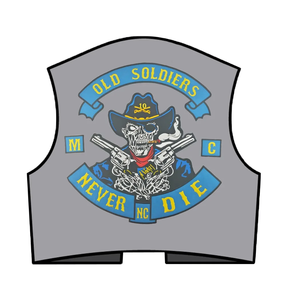 Old Soldiers Never Die MC Vest Biker Embroidered Iron On Back of Jacket Patch Blue twill fabric Free Shipping DIY Eco-Friendly(5)