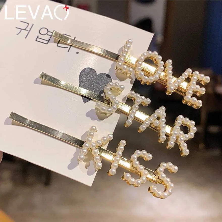 

LEVAO 2019 Simple Fashion Letter Women Hairpins Pearl Boss,Sexy,Kiss Words Golden Alloy Barrettes for Girls Hair Accessories