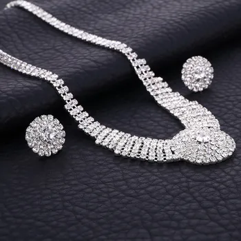 

Diamante Crystal Rhinestone Bridal Jewelry Sets Silver Color Round Chocker Necklace Earrings Wedding Jewelry Sets Accessories