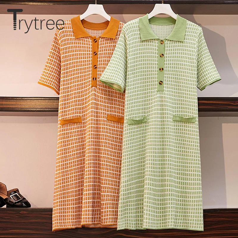 

Trytree Summer Women Dress Casual Plaid Turn-down Collar Buttons Shirt Dresses Knitting Office Lady Straight Knee-Length Dress