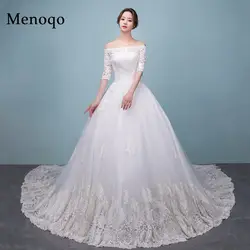 Menoqo реальные фотографии бальное платье Кружева Свадебные платья с открытыми плечами длинным шлейфом Половина рукава Свадебное платье