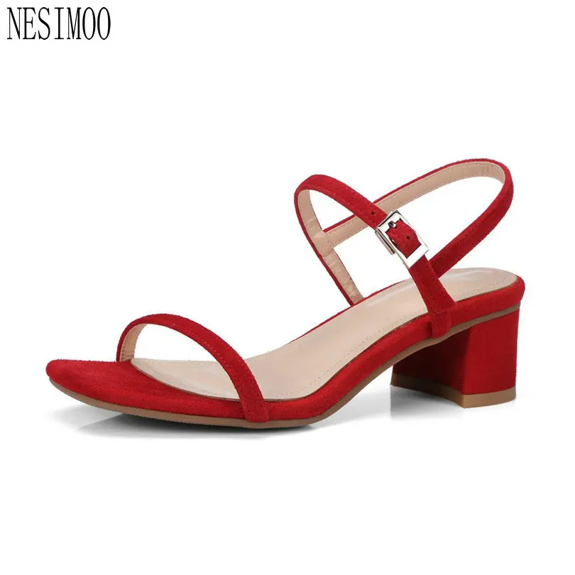 

NESIMOO 2018 Western Style Women Sandals Shoes Woman Peep Toe Square High Heel Flock Platform Ladies Wedding Shoes Size 34-43