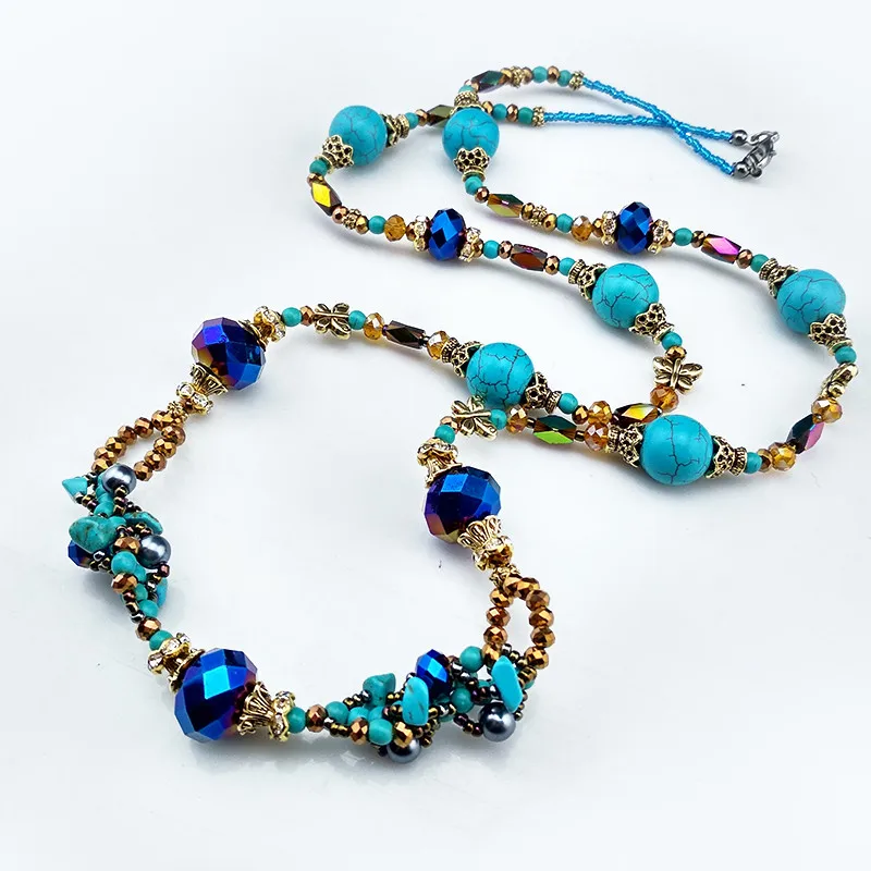Fashion women Pearls Rhinestone Chain Necklace Vintage Bohemian Style stone Necklaces &amp Pendants Long Sweater choker0153-4 | Украшения и