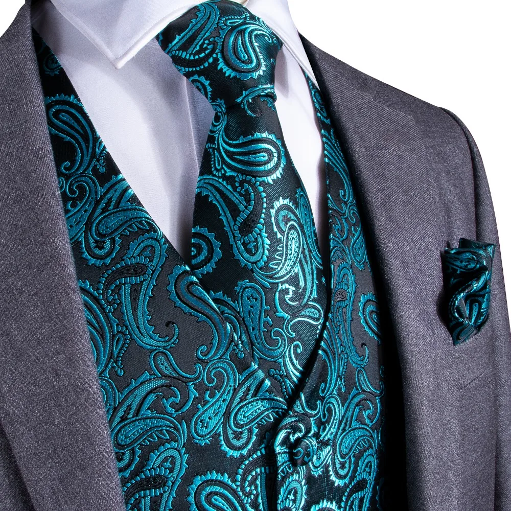 

DiBanGu Teal Green Paisley Fashion Wedding Men 100%Silk Waistcoat Vest Ties Hanky Cufflinks Cravat Set for Suit Tuxedo MJTZ-107