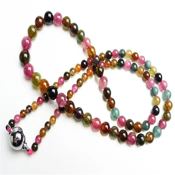 

4mm-7mm Genuine Mix Colors Genuine Natural Stone Tourmaline Crystal Quartz Round Beads Long Chains Necklace