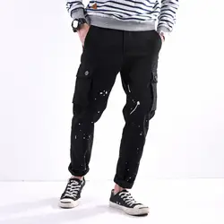 Японский Стиль модные Для мужчин s джинсы Повседневное брюки Краски джинсы с принтом Для мужчин в стиле панк хип-хоп брюки большой карман