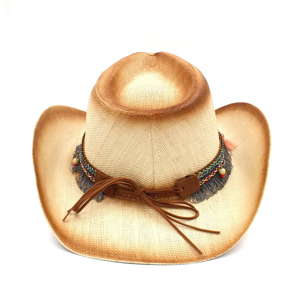 Модная Женская Ковбойская соломенная шляпа с кожаным ремешком в стиле панк для леди папы Вестерн Sombrero Hombre Cowgirl Jazz Шапки размер 58 см