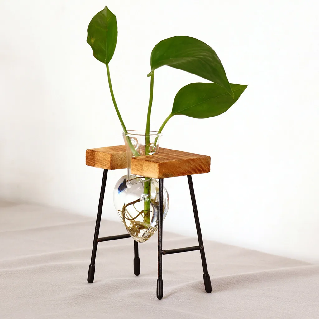 

Terrarium Hydroponic Plant Vases Heart Shape Flower Pot Transparent Vase Wooden Frame Glass Tabletop Plants Home Bonsai Decor
