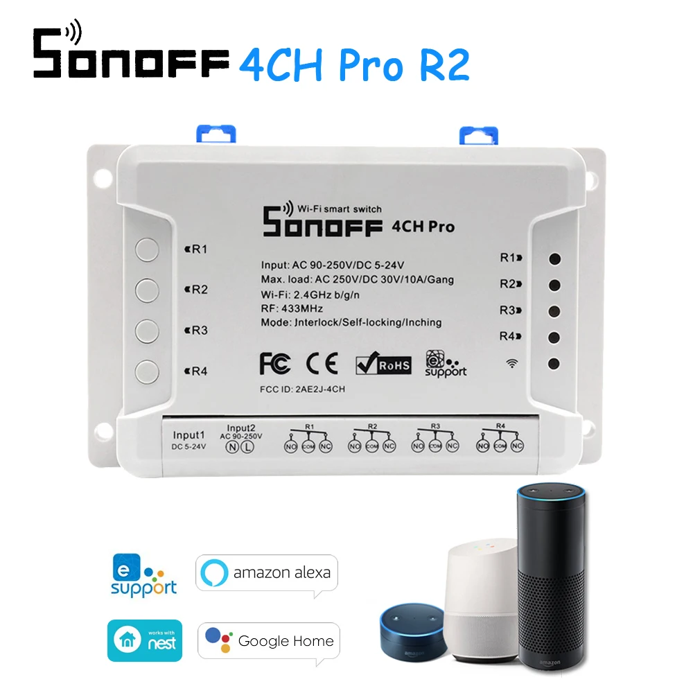 

Sonoff 4CH R2 /4CH Pro R2 10A /Gang 4 Channel Wifi Smart Switch 433 MHZ RF Remote Wifi Lights Switch 4 Devices for Alexa Google