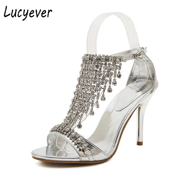 Lucyever 2018 Summer Women's Luxury Rhinestones Sandals Sexy Elegant Thin High Heels Wedding Party Shoes Woman Gold Silver