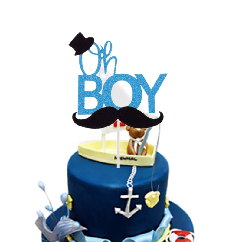 Oh Boy Cake Toppers Happy Birthday Gentleman Hat Mustche Paper Board Cake Flag Birthday Party Cake Decoration Supplies