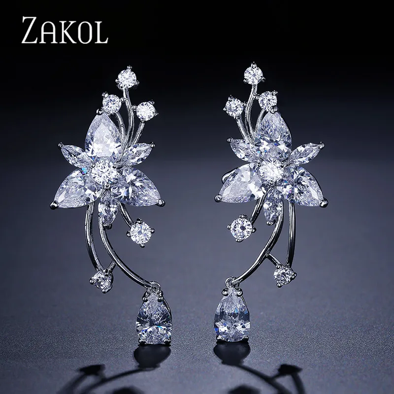 

ZAKOL White Color Exquisite Water Drop Cubic Zircon Dangle Drop Earrings With Exclusive Flower For Women Anniversary FSEP304
