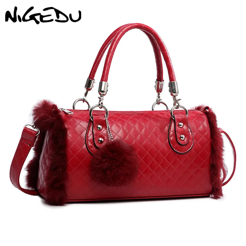 

Autumn Winter Bag for Women luxury design handbag PU Leather Rabbit Fur Shoulder Bag Hair Ball female Tote Women's Crossbody Bag