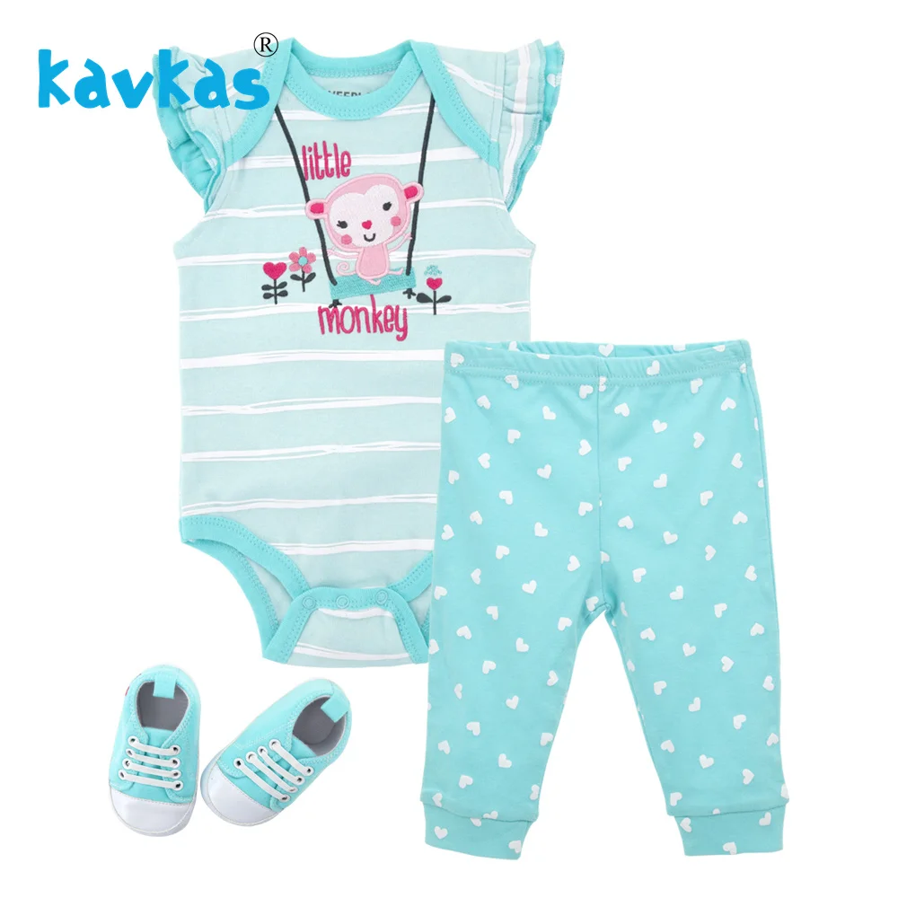 Kavkas Baby Girl Clothes Set Summer Newborn Cotton Baby Girl Jumpsuit (romper+Pants+shoes) Monkey Theme Infant Romper Set photo
